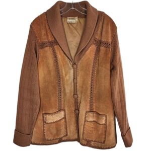 Vintage 70s Suede Crocheted Bohemian Lined Jacket Pockets Women's Size L…